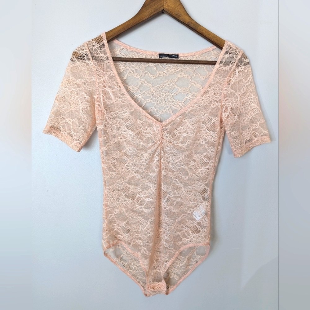Zara Womens Lacy Sheer Bodysuit Rose Gold Size S Cottagecore Preppy Fairy Grunge